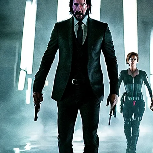 Prompt: john wick with the avengers, dramatic, epic, cinematic, key moment, lighting effects