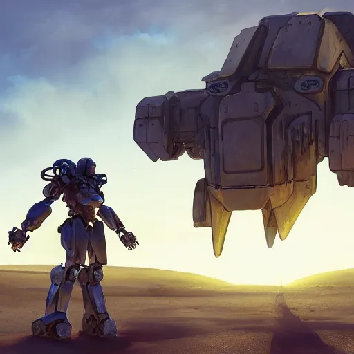 Image similar to cinematic shot of a battle scared mecha robot with medieval armor is in the dessert moving slowly with his sword on the ground sunset digital painting, artstation, concept art, soft light, hdri, smooth, sharp focus, illustration, fantasy, intricate, elegant, highly detailed, D&D, matte painting, in the style of Greg Rutkowski and Alphonse Mucha and artemisia, 8k, highly detailed, jurgens, rutkowski, bouguereau, pastoral, rustic, georgic