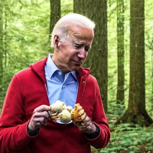 Prompt: joe biden eating mushrooms in the forest