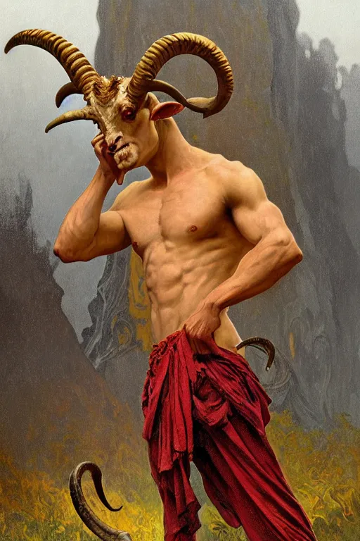 Image similar to portrait of a beautiful young fit male demon with ram horns, scaly torso and goat legs, hellish scene, by greg rutkowski and alphonse mucha, d & d character, gradient red to yellow, in front of an hellish landscape background, highly detailed portrait, digital painting, artstation, concept art, smooth, sharp focus ilustration, artstation hq