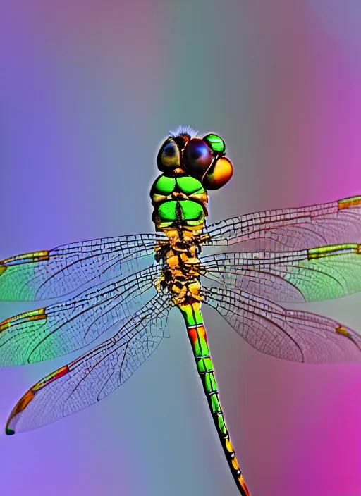 Prompt: close-up dragonfly rainbow wing, natural light, photography, 500 mm,high detail