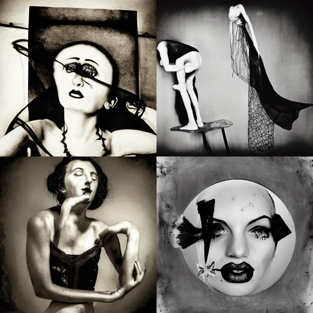 Prompt: a surreal black and white photo in the style of man ray and Joel-Peter Witkin