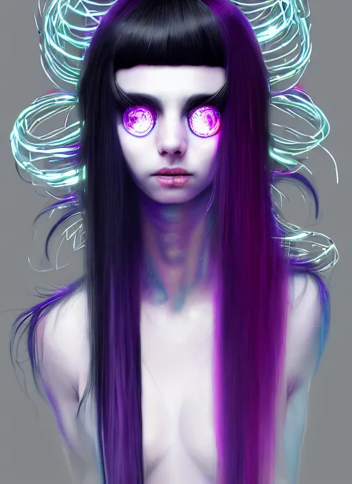 Image similar to hair whitebangs hair, black cyberlox, portrait of teenage girl with white bangs, whitebangsblackhair, messy bangs, cyberlox, whitebangs, red irises, purple clothes, intricate, elegant, glowing lights, highly detailed, digital painting, artstation, concept art, sharp focus, illustration, art by wlop, mars ravelo and greg rutkowski