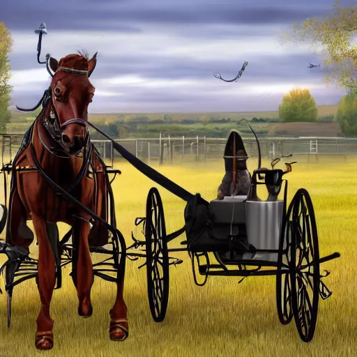 Prompt: An Amish buggy being pulled by a steampunk robotic horse, photorealistic