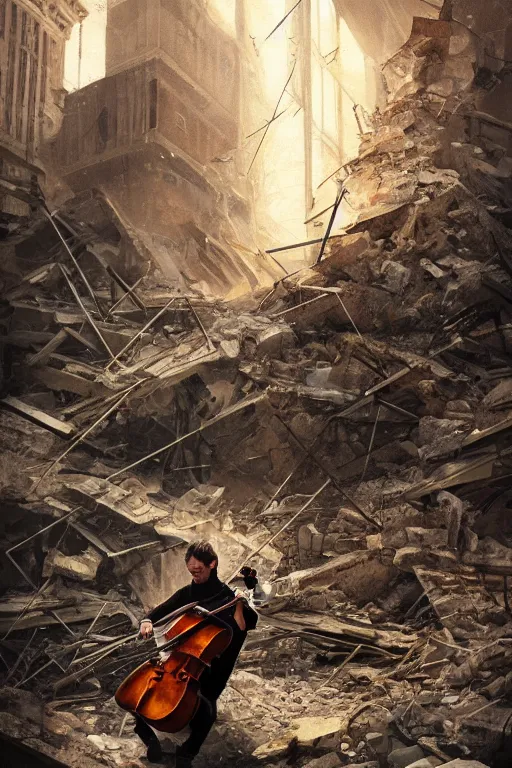 Image similar to a portrait of a cellist playing in the rubble of a fallen building, beautifully lit, slightly surreal, artstation