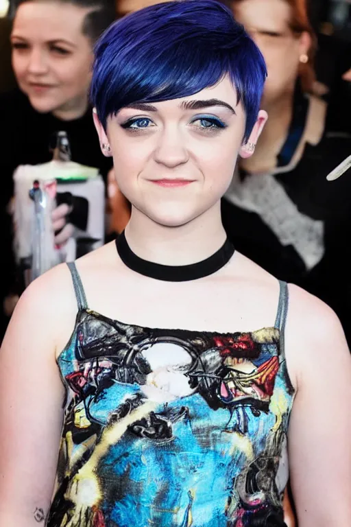 Prompt: photo of young cute punk woman with blue pixie cut posing, maisie williams