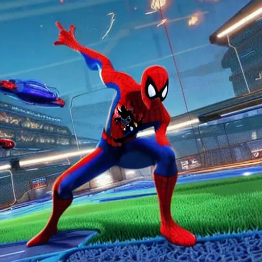 Prompt: spiderman in rocket league, teaser trailer photo