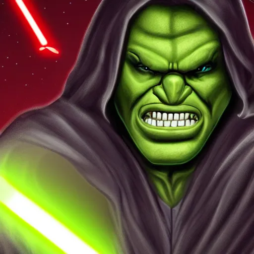 Image similar to sith hulk with dark robe and yellow glowing eyes, green lightning, digital art