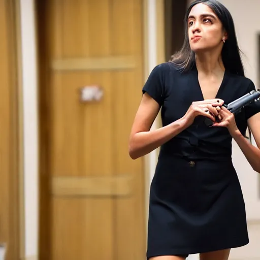 Prompt: Alexandria Ocasio-Cortez aiming a gun at the camera, realistic 4k