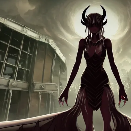 Prompt: gloomy demon girl with demon horns in a pretty mid-length black dress with a katana in front of a dystopian cybercity, beautiful high detail photo