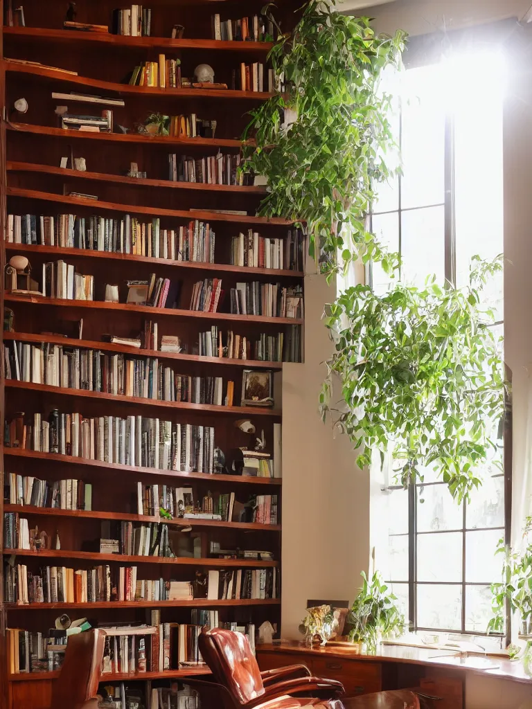 Prompt: A beautiful office room with mahogany bookcases and many beautiful plants and sunset light coming through the windows