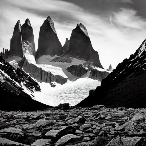 Prompt: Patagonia photographed by Ansel Adams