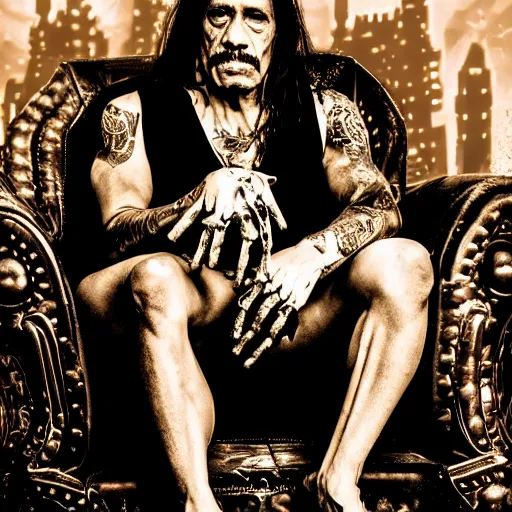 Image similar to a photo of a sad victorian gothic danny trejo sitting on a sofa of bones surrounded by a cyber futuristic cityscape made of human body parts, lighting, 5 0 mm, perfect faces, award winning phhotography