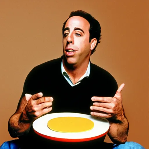 Prompt: jerry seinfeld eating a large wheel of cheese, realistic, color film,