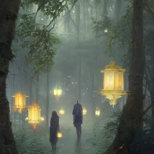 Prompt: Concept art, Sky lanterns by gingko trees, 8k, by james gurney, greg rutkowski, and john howe, background by alphonse mucha, artstation