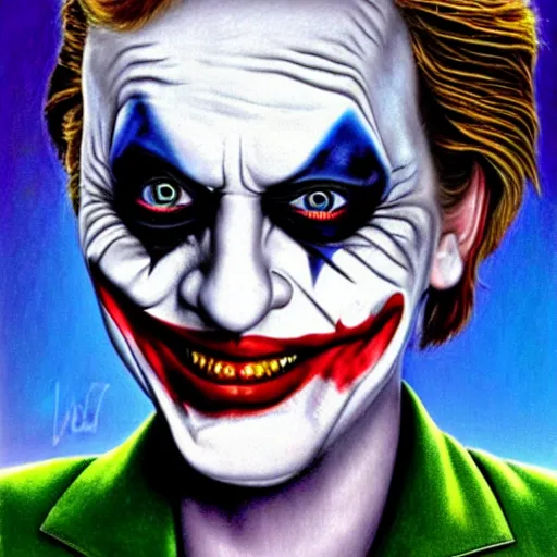 Image similar to angela merkel is the joker, airbrush art, drew struzan illustration art, key art, portrait