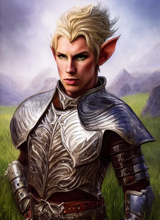 Prompt: A fantasy portrait painting of a male elf wearing leather armor on a beautiful meadow, DAZ, hyperrealistic, ambient light, dynamic light, trending on artstation, d&d, RPG portrait