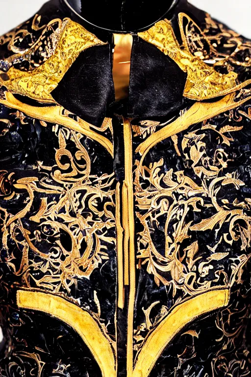 Image similar to black leather and embroidered Lolita dapper bespoke avant-garde tuxedo in velvet, black and gold rich color, dramatic cinematic lighting, featured on Artstation, extremely detailed by Lisa Frank