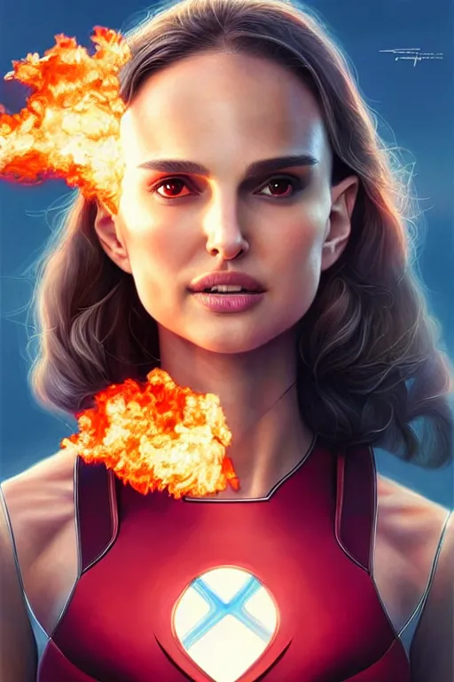 Prompt: hyper - realistic, gorgeous!!! woman resembling natalie portman as a superhero with fire powers, flying over a city | intricate, highly detailed, digital painting, artstaion, smooth, sharp focus, character desgin, concept art, illustration | art by artgerm & jeehyung lee & wlop