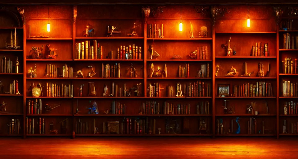 Image similar to a bookshelf of wonderful magical instruments, cinematic lighting, detailed, 4 k