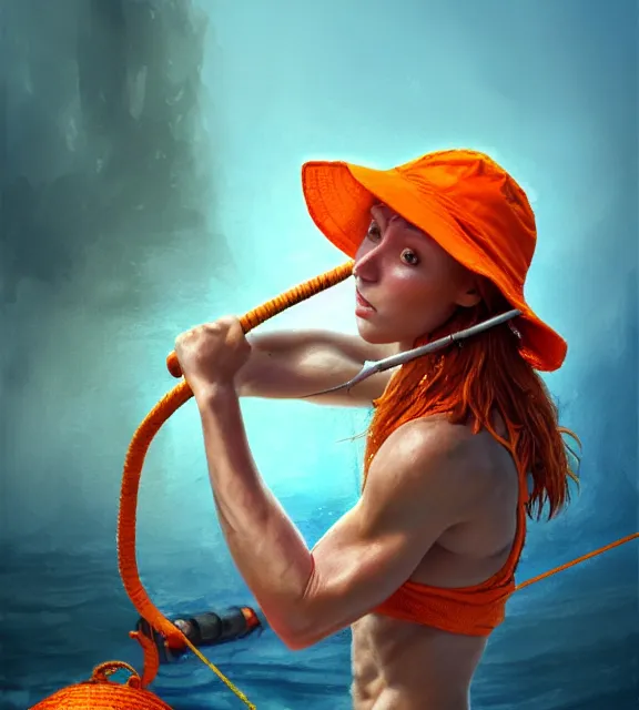 Image similar to muscular female fisherman fixing net, perfect face, bucket hat, orange halter top, ginger hair, abs, cinematic, blush, stunning, athletic, strong, agile, highly detailed, psychedelic, digital painting, artstation, smooth, hard focus, illustration, art by jessica rossier and and brian froud