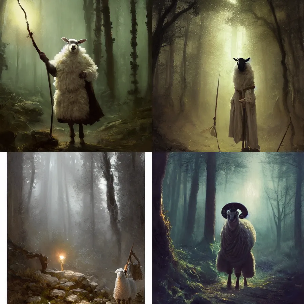 Prompt: Oil painting of a sheep who is a wizard holding a magical staff in ornamental magical robes, standing in a dark forest with a feint light in the background, by Jean Baptiste Monge. Greg Rutkowski, trending on Artstation, 4k, unreal engine, very dramatic dark lighting, high contrast, rim lighting