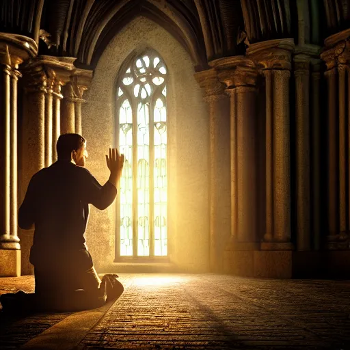 Image similar to angel protecting man who is praying inside a gothic church, studio light, 4K highly detailed, realistic style, playing with with light and dark