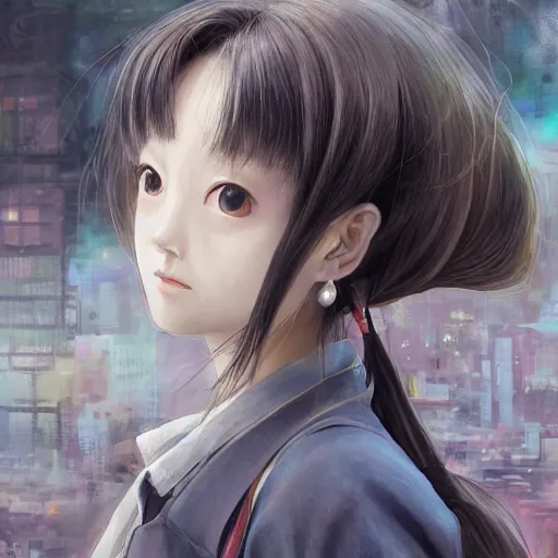 Image similar to dynamic composition, motion, ultra-detailed, incredibly detailed, a lot of details, amazing fine details and brush strokes, colorful and grayish palette, smooth, HD semirealistic anime CG concept art digital painting, watercolor oil painting of a Japanese schoolgirl Lain Iwakura, GITS, by a Chinese artist at ArtStation, by Huang Guangjian, Fenghua Zhong, Ruan Jia, Xin Jin and Wei Chang. Realistic artwork of a Chinese videogame, gradients, gentle an harmonic grayish colors.