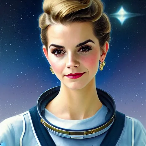 Image similar to A combination of Victoria Justice's and Grace Kelly's and Emma Watson's appearances as an astronaut, full body portrait, western, D&D, fantasy, intricate, elegant, highly detailed, digital painting, artstation, concept art, matte, sharp focus, illustration, art by Artgerm and Greg Rutkowski and Alphonse Mucha