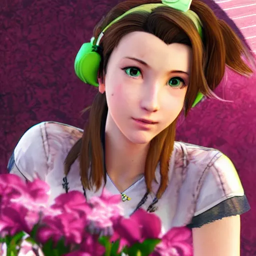 Image similar to mid-close portrait of Aerith Gainsborough in the style of GTA-5 loading screen art