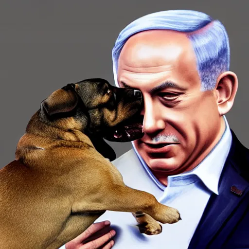 Image similar to benjamin netanyahu kissing a dog, photorealistic, detailed