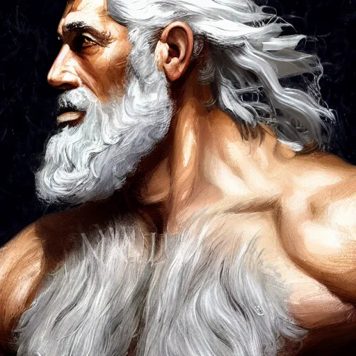 Image similar to painted portrait of rugged zeus, greek god, 4 0 years old, handsome, white hair, soft hair, upper body, muscular, hairy torso, fantasy, intricate, elegant, highly detailed, digital painting, artstation, concept art, smooth, sharp focus, illustration, art by norman rockwell