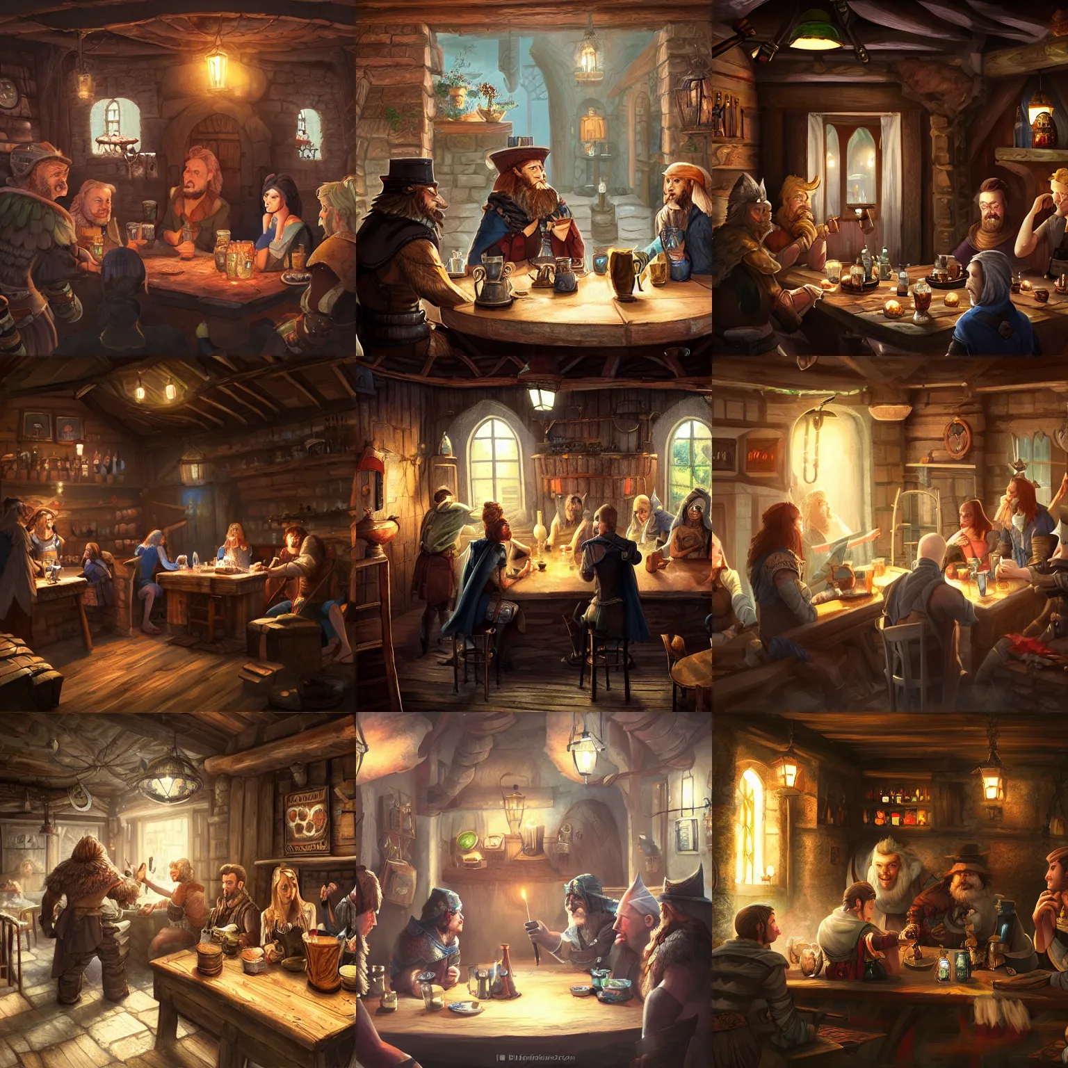 Prompt: people talking inside a tavern, fantasy art, cozy, dnd, digital art, 4 k
