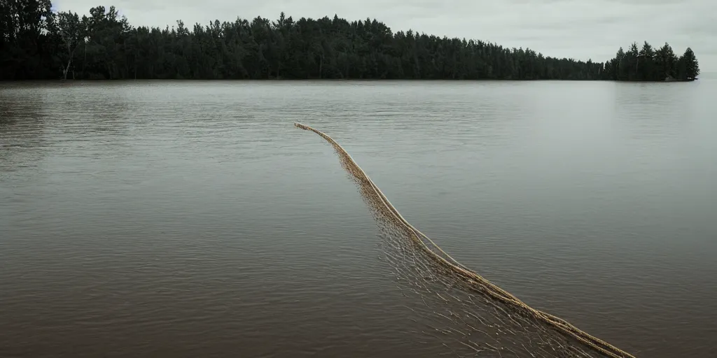 Prompt: centered photograph of a single line of thick big brown \ long rope floating on the surface stretching out to the center of the lake, a dark lake sandy shore on a cloudy day, color film, mood, trees in the background, hyper - detailed kodak color film photo, anamorphic lens