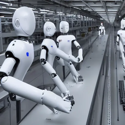 Prompt: shiny white factory robots with human faces building an android.