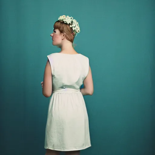 Image similar to a photograph of beautiful nordic woman wearing a white folkdrakt dress, she has a summer flower headband. against a teal studio backdrop. strong kodak portra 4 0 0 film look. film grain.