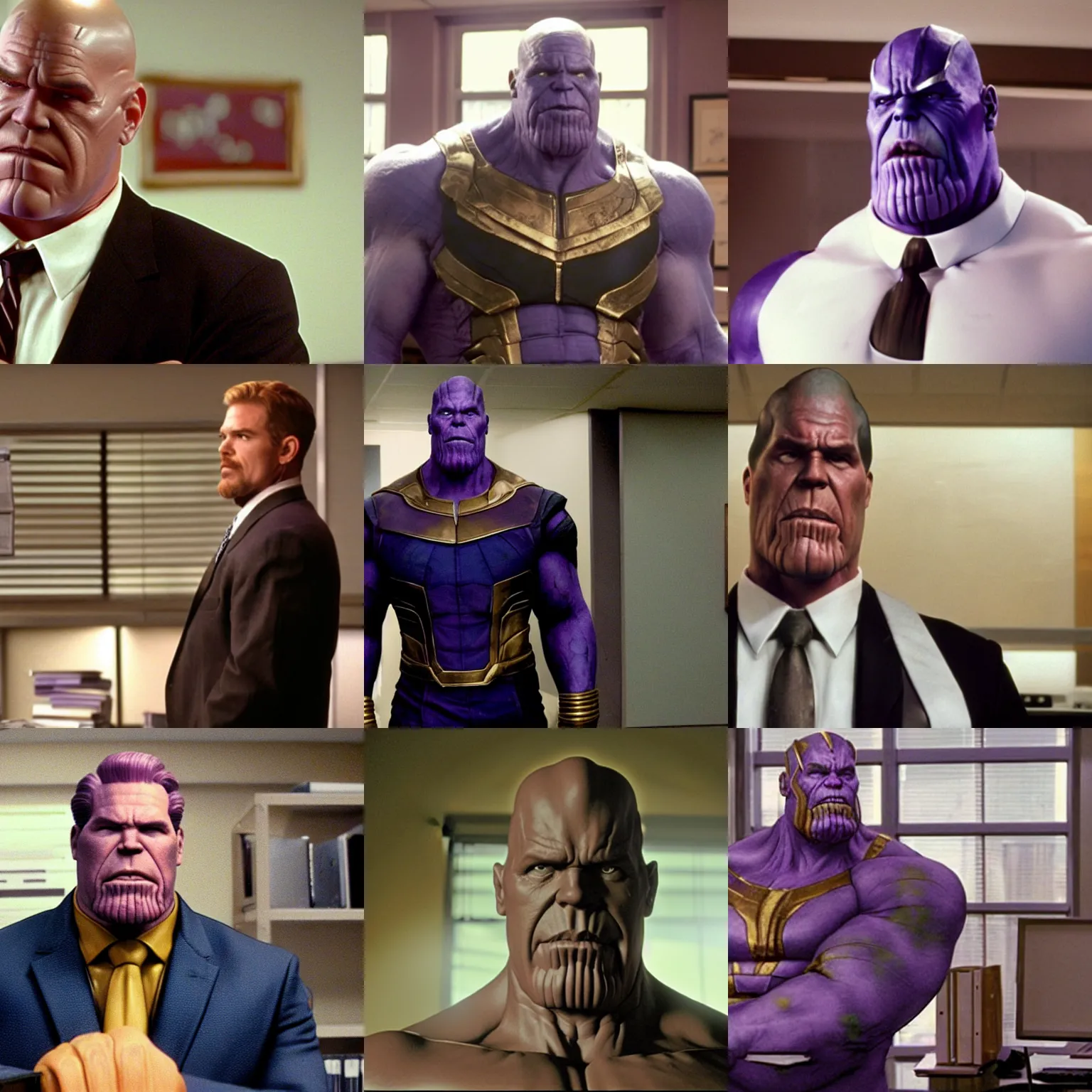 Prompt: film still of thanos as a white man in The Office (2002)