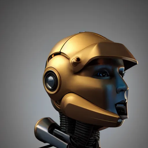 Image similar to an amazing robot-helmet, robotic head-bust portrait, of a sci-fi, human robot hybrid with weaponized systems built into the 3d helmet, cgi, zbrush, blender, octane render