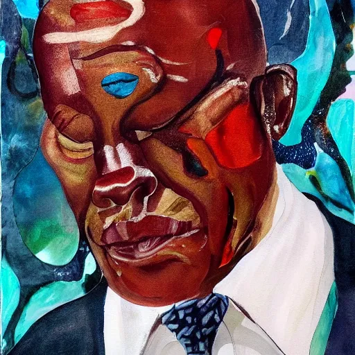 Image similar to a painting of a fatherly wide forehead, round face, XXL , loving, caring, generous, ever-present, humble, wise elder from Kenya in a suit by Wangechi Mutu . Fatherly/daddy, focused, loving, leader, relaxed,. ethereal lights, details, smooth, sharp focus, illustration, realistic, cinematic, artstation, award winning, rgb , unreal engine, octane render, cinematic light, macro, depth of field, blur, red light and clouds from the back, highly detailed epic cinematic concept art CG render made in Maya, Blender and Photoshop, octane render, excellent composition, dynamic dramatic cinematic lighting, aesthetic, very inspirational, arthouse.