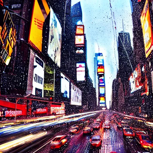 Prompt: an epic highres gopro shot of spaghetti raining down on times square