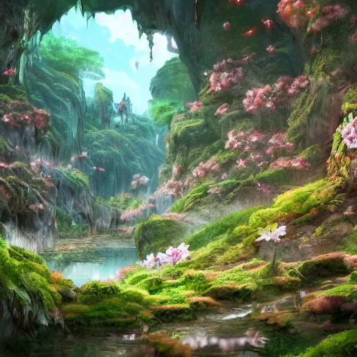 Prompt: overgrown cave, fine stalagmites in high detail, a creek, peach blossom forest, chinese village in the distance, fantasy, surreal, 8 k, unreal engine, high detail, magical, beautiful, anime style, studio ghibli