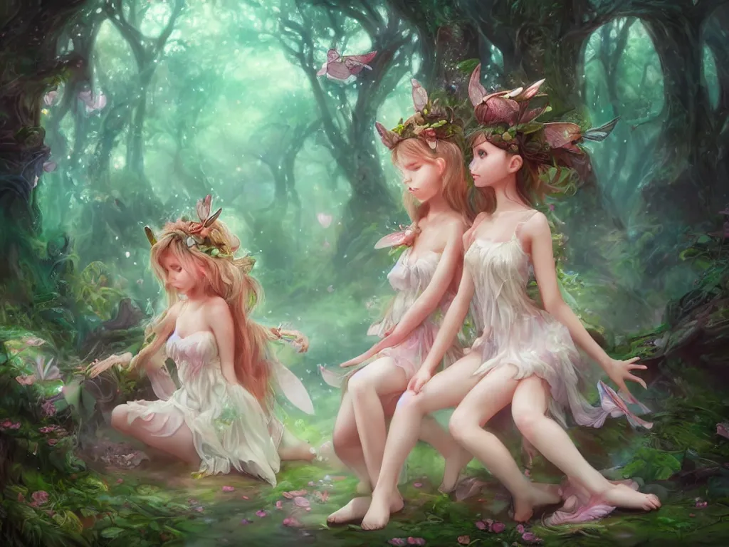 Image similar to two cute fairy in the dreamy forest, fantasy, dreamlike, 8 k resolution, hyper detailed, d & d, character design, digital painting, trending on artstation, sharp focus, illustration, art by artgerm, viktoria gavrilenko, hoang lap, fuji choko, steve zheng