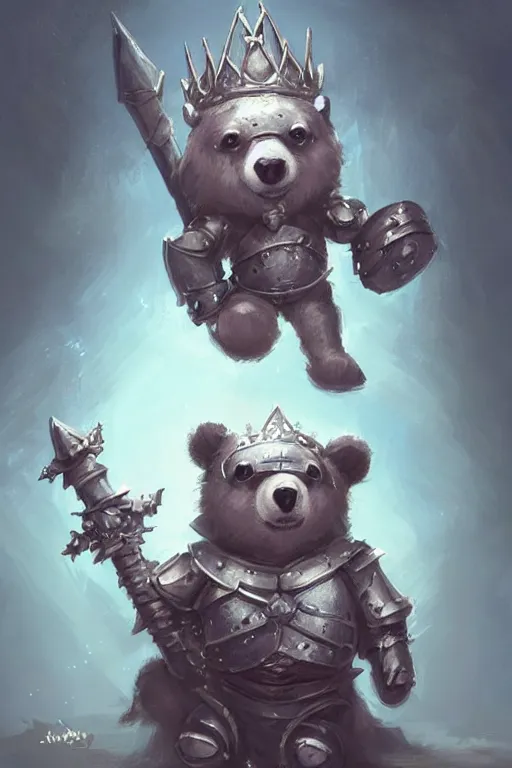 Image similar to cute little anthropomorphic bear knight wearing a cape and a crown, tiny, small, miniature bear, baby animal, short, pale blue armor, cute and adorable, pretty, beautiful, DnD character art portrait, matte fantasy painting, DeviantArt Artstation, by Jason Felix by Steve Argyle by Tyler Jacobson by Peter Mohrbacher, cinematic lighting