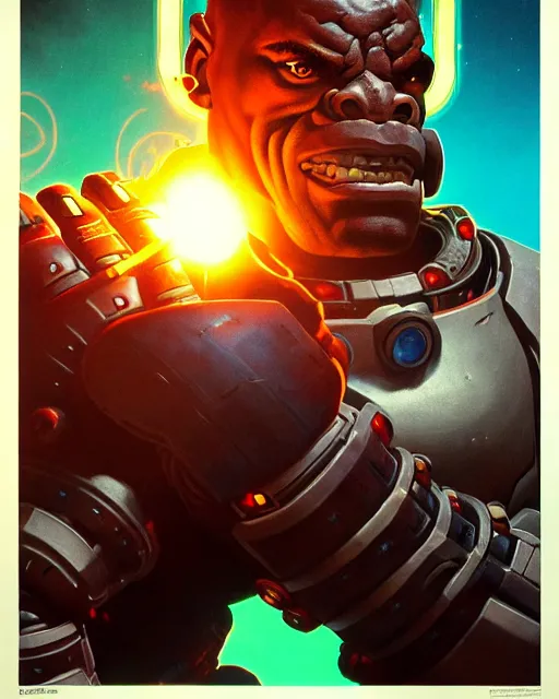 Image similar to doomfist from overwatch, character portrait, portrait, close up, concept art, intricate details, highly detailed, vintage sci - fi poster, retro future, vintage sci - fi art, in the style of chris foss, rodger dean, moebius, michael whelan, and gustave dore