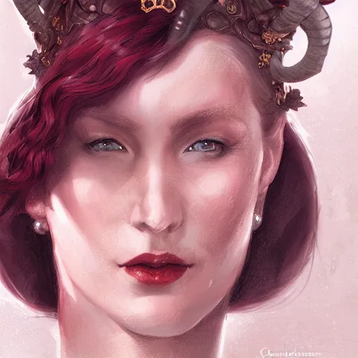 Image similar to a detailed matte head - on portrait painting of an middle - aged tiefling elegant and distinguished noblewoman with golden eyes and short long flowing red hair, by charlie bowater, lise deharme, wlop, tending on arstation, dungeons and dragon, dnd, pathfinder, fanart, oil on canvas