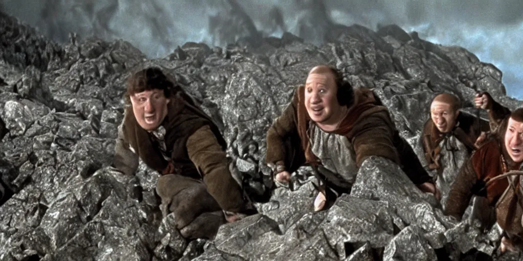 Image similar to film still of the three stooges climbing mount doom in the return of the king, hd 4 k lord of the rings remaster director's cut