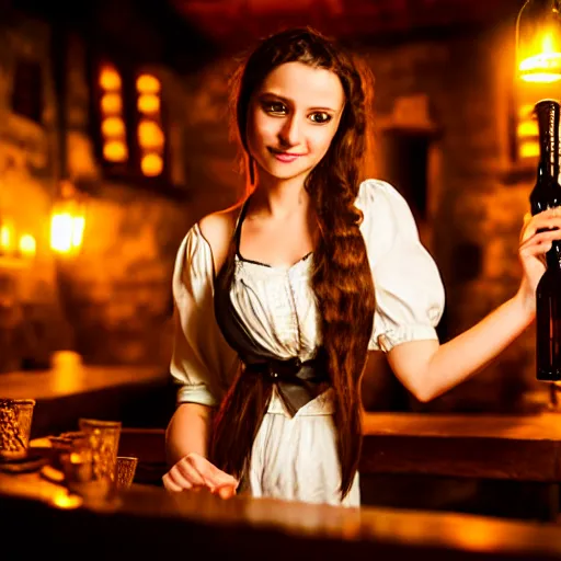 Prompt: young attractive beautiful bar maid in a medieval tavern at night, cinematic, filmic, studio lighting