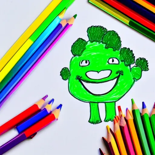 Image similar to a children's drawing of a smiling happy broccoli, he is dancing, vivid bright colors, color pencils are scattered around on the paper