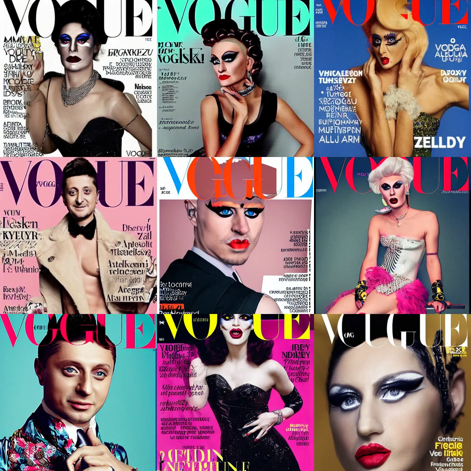 Prompt: Volodymyr Zelensky as a drag queen on the cover of the Vogue magazine