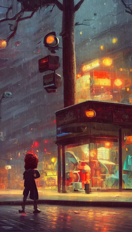 Image similar to videogame cabinet begging for coins in the rain, sharp focus, james gilleard, cinematic, game art, extremely detailed digital painting, print